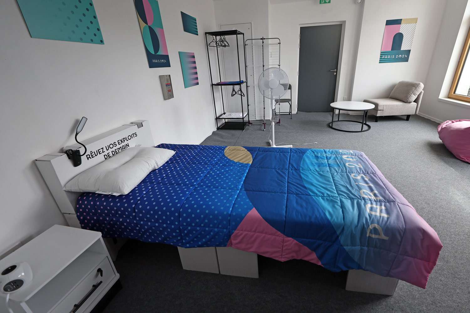 A cardboard bed inside an athletes' room at the Olympic Village in Paris, France. 