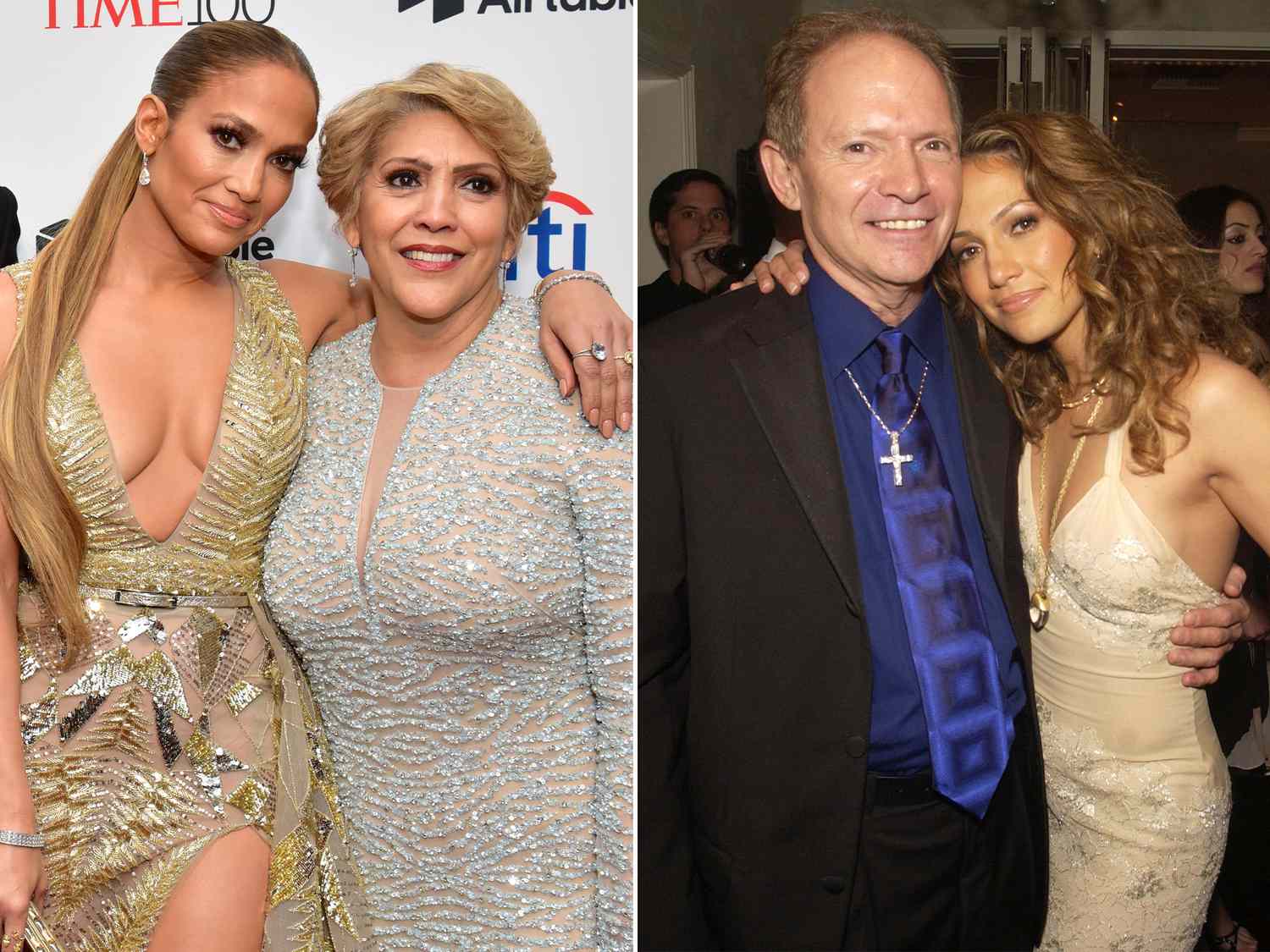 Jennifer Lopez and Guadalupe Rodriguez at the 2018 TIME 100 Gala on April 24, 2018 in New York City. ; Jennifer Lopez and her father David Lopez during the grand opening party for her restaurant "Madre's" in Pasadena, California, April 12, 2002. 