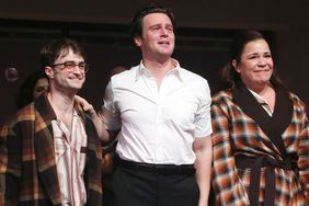 NEW YORK, NEW YORK - OCTOBER 8: (L-R) Daniel Radcliffe, Jonathan Groff and Lindsay Mendez during the opening night curtain call for Stephen Sondheim's "Merrily We Roll Along" on Broadway at The Hudson Theater on October 8, 2023 in New York City. 