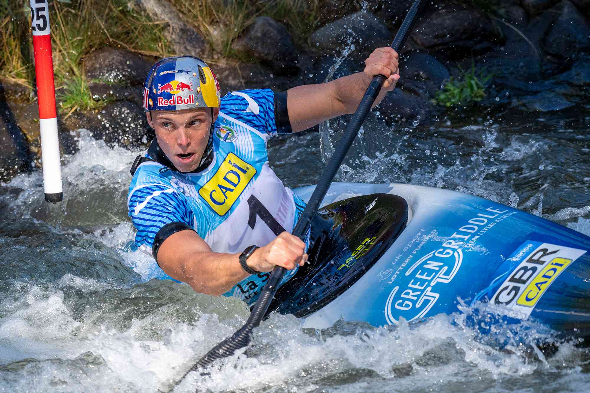 Joseph Clarke of Great Britain competes the Men's Kayak qualification during the 2019 ICF Canoe Slalom World Championships on September 27, 2019.