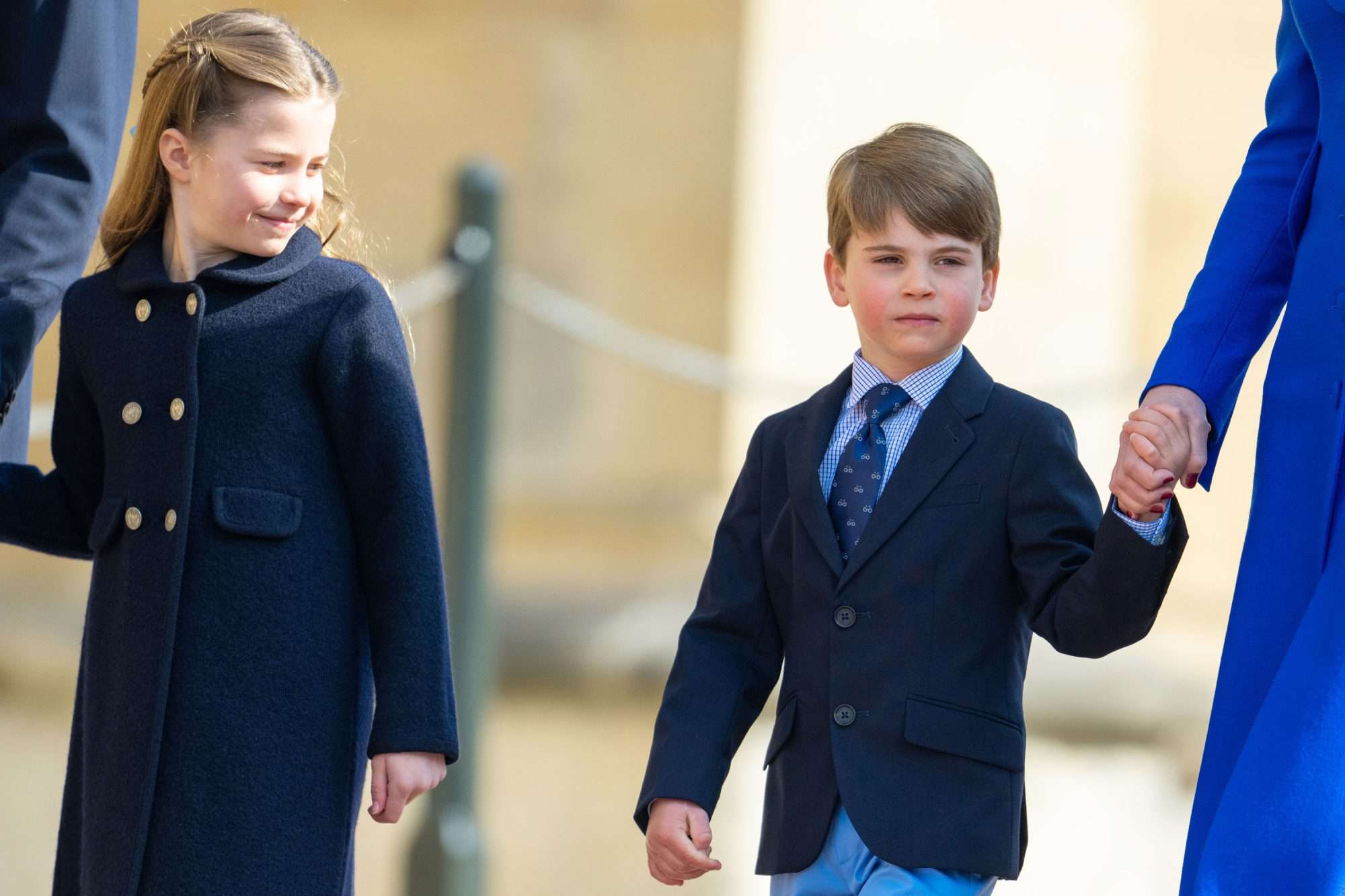 WINDSOR, ENGLAND - APRIL 09: Princess Charlotte and Prince Louis attend the Easter Mattins Service at Windsor Castle on April 09, 2023 in Windsor, England. (Photo by Samir Hussein/WireImage)