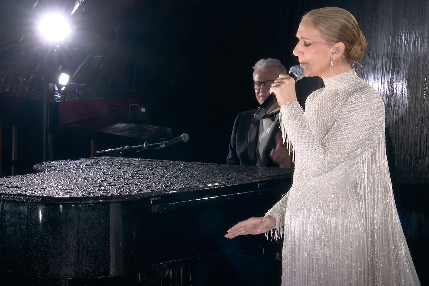 Celine Dion performs at the 2024 Paris Olympic Opening Ceremony on July 26, 2024 in Paris, France. 