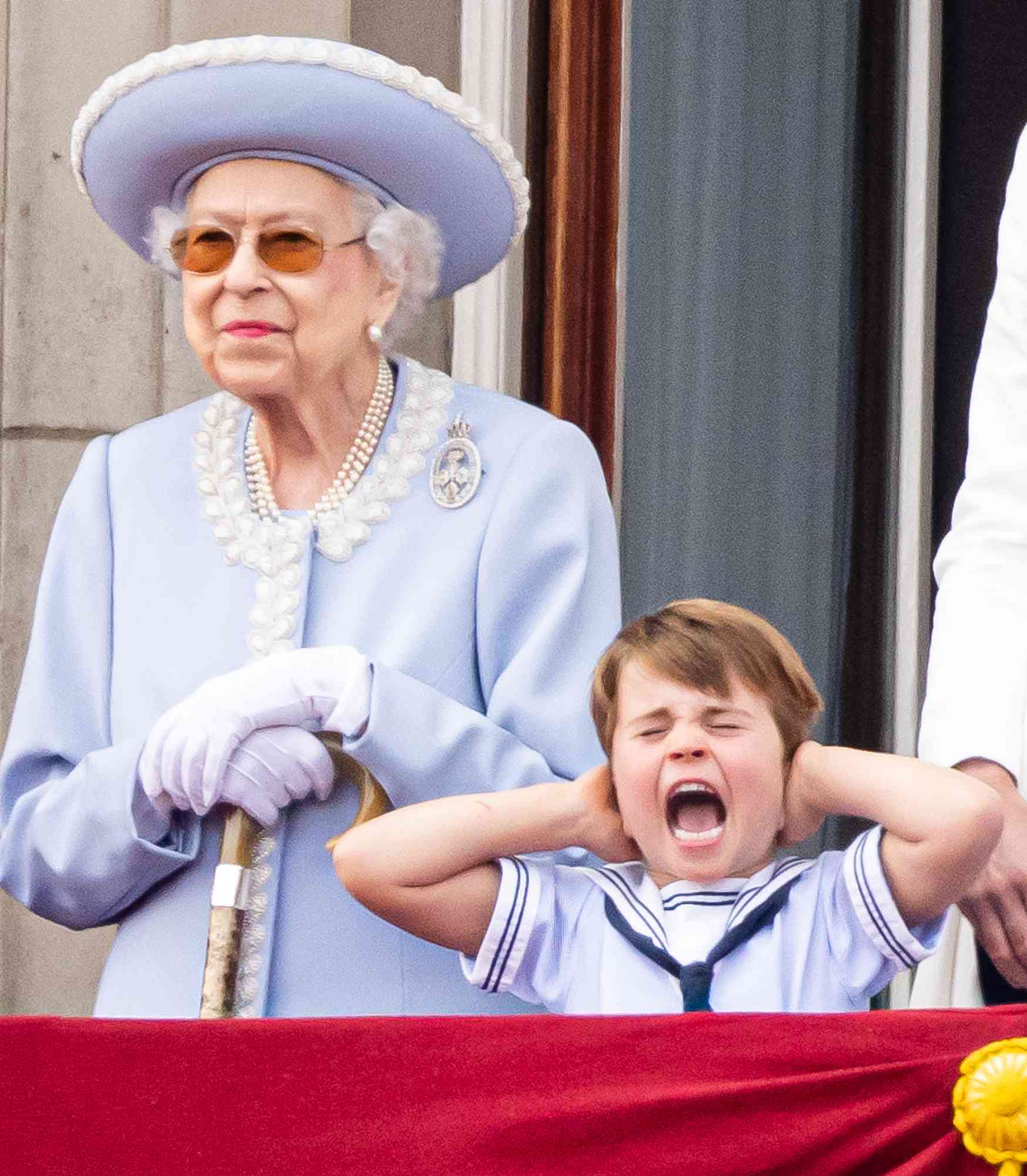 Queen Elizabeth II and Prince Louis of Cambridge during Trooping the Colour on June 02, 2022 in London, England. Queen Elizabeth II, Prince Louis during Trooping the Colour on June 02, 2022 in London, England.