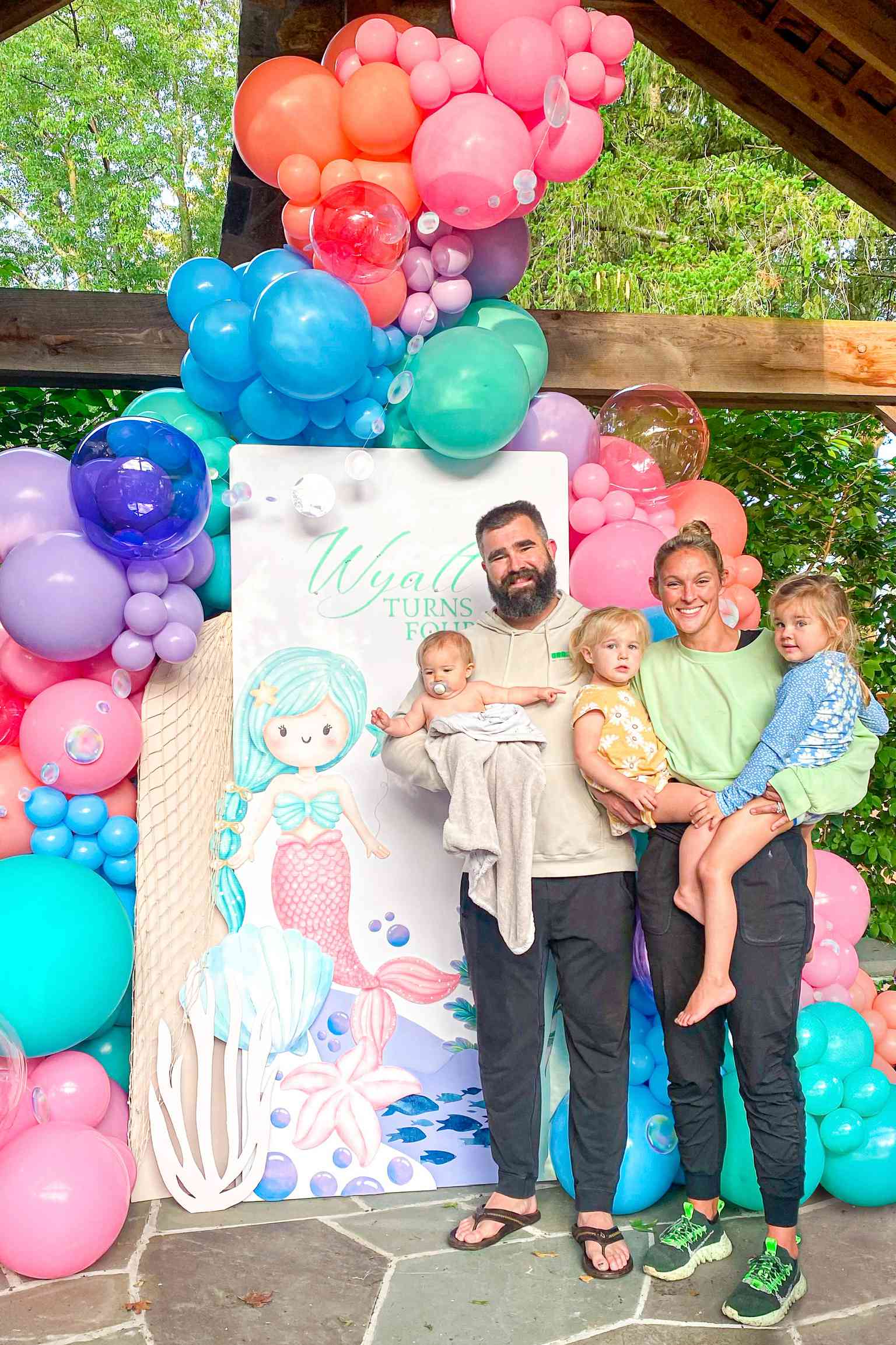 Jason Kelce and Kylie Kelce at daughter Wyatt's birthday party.