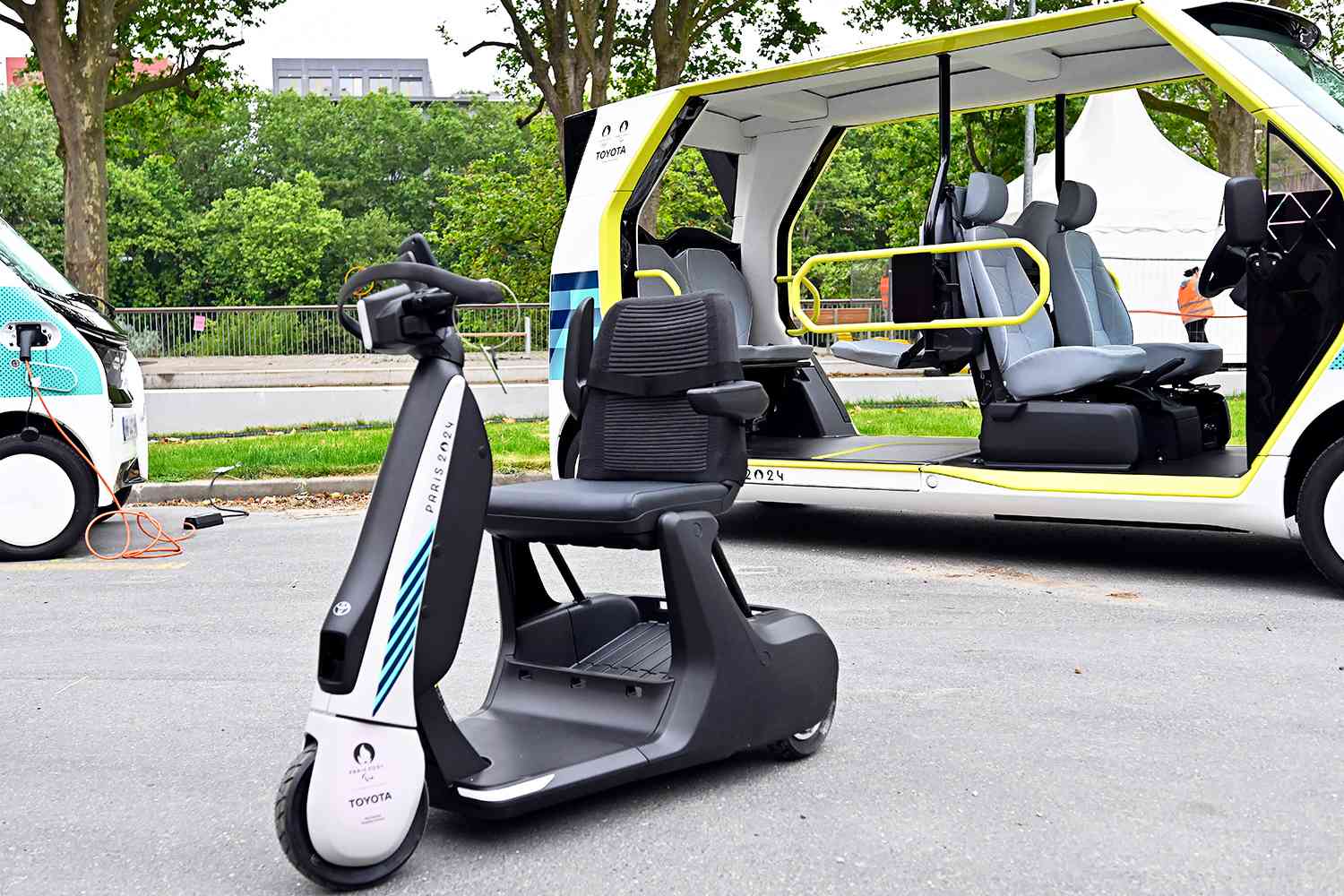  A view of a electric vehicles during the media visit of Paris 2024 Olympic and Paralympic village on July 02, 2024 in Paris, France.