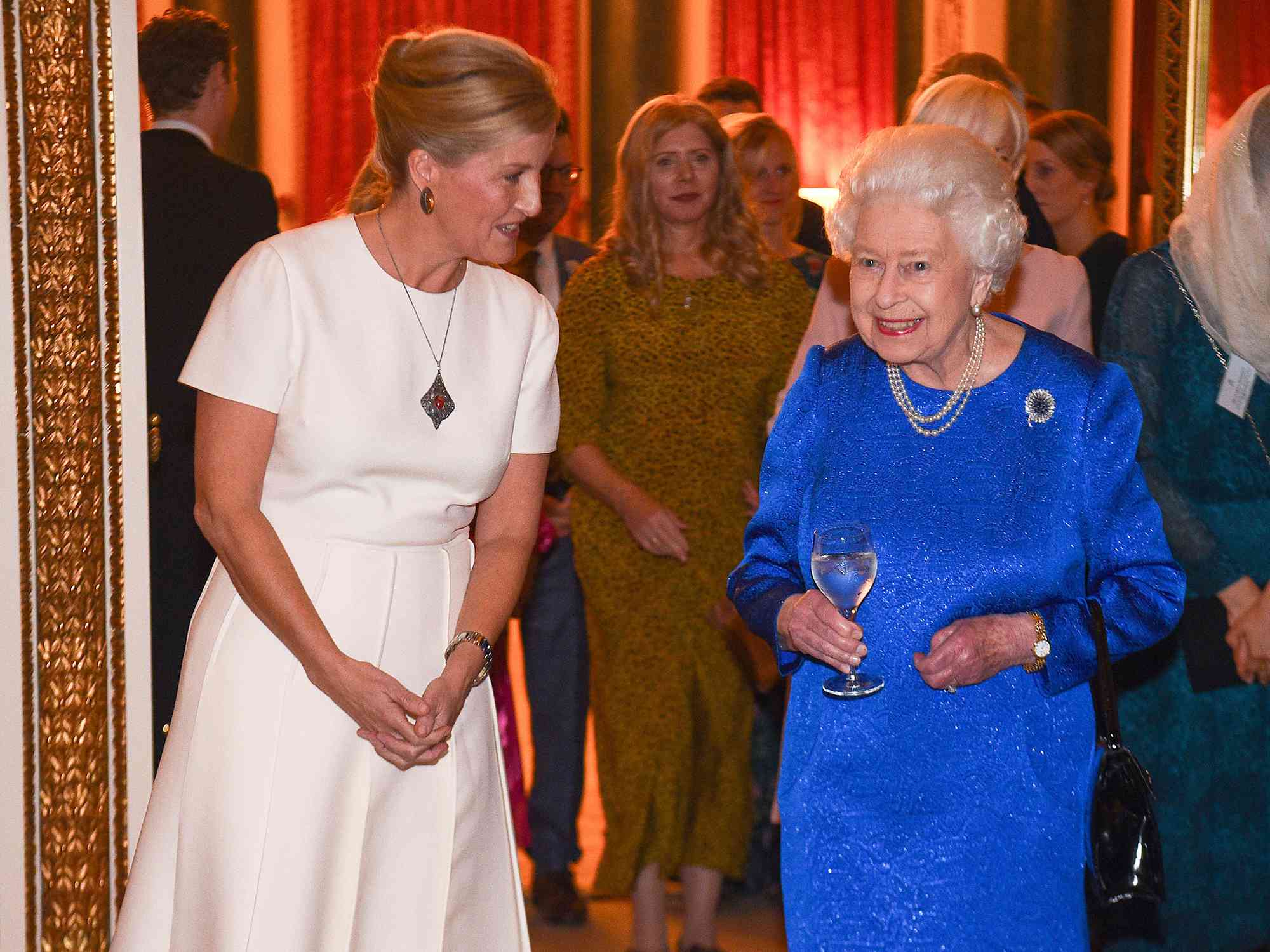 Queen Elizabeth II and Sophie, Countess of Wessex attend a reception to celebrate the work of the Queen Elizabeth Diamond Jubilee Trust at Buckingham Palace on October 29, 2019 in London, England