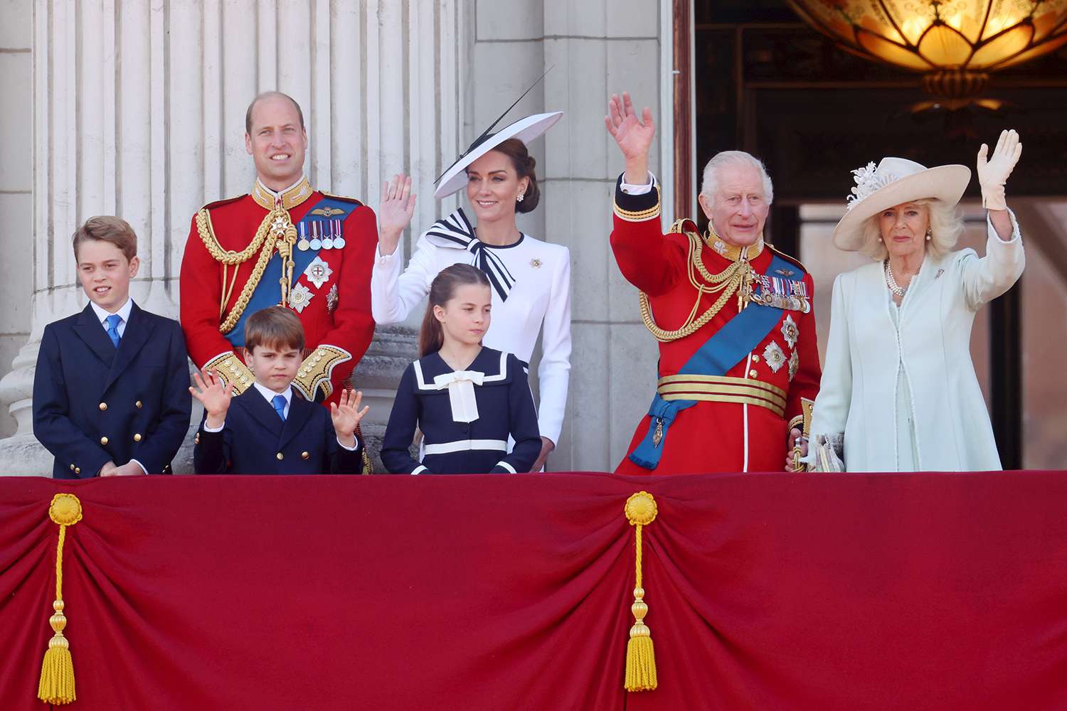 Prince George of Wales, Prince William, Prince of Wales, Prince Louis of Wales, Princess Charlotte of Wales, Catherine, Princess of Wales, King Charles III and Queen Camilla during Trooping the Colour at Buckingham Palace on June 15, 2024 in London