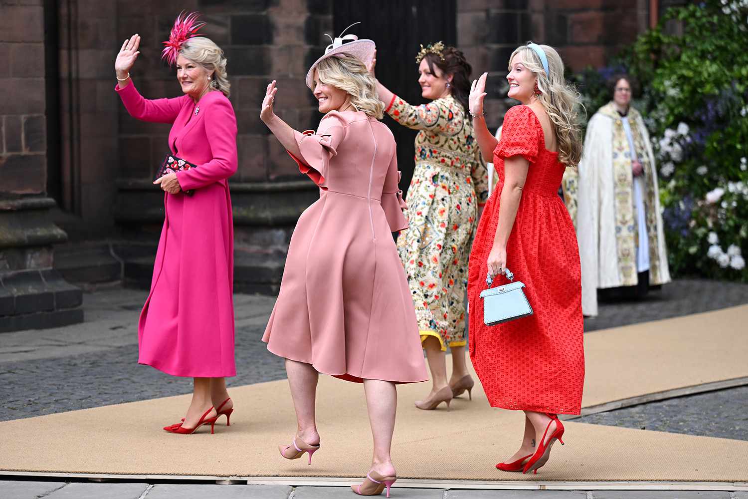 Natalia Grosvenor, Duchess of Westminster, Lady Edwina Grosvenor, Lady Tamara Grosvenor and Lady Viola Grosvenor attend the wedding of The Duke of Westminster and Miss Olivia Henson at Chester Cathedral 