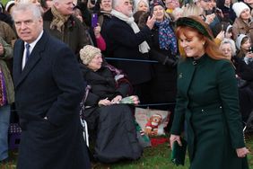 Prince Andrew, Duke of York (L), Sarah, Duchess of York (2L) Edoardo Mapelli Mozzi (2R) and Britain's Princess Beatrice of York (R) arrive for the Royal Family's traditional Christmas Day service at St Mary Magdalene Church