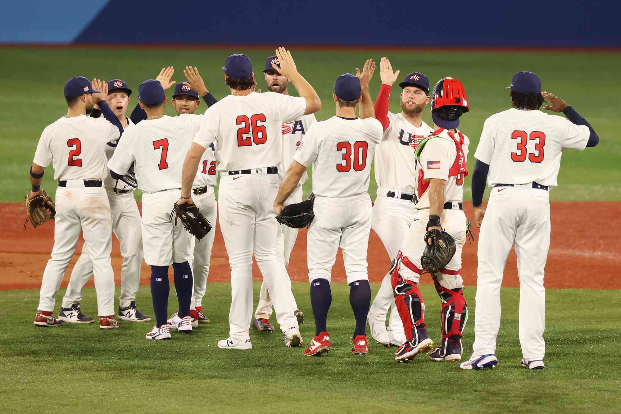 Team United States celebrates winning the match 4-2 during the baseball opening round Group B game between Team South Korea and Team United States during the Tokyo 2020 Olympic Games on July 31, 2021. 