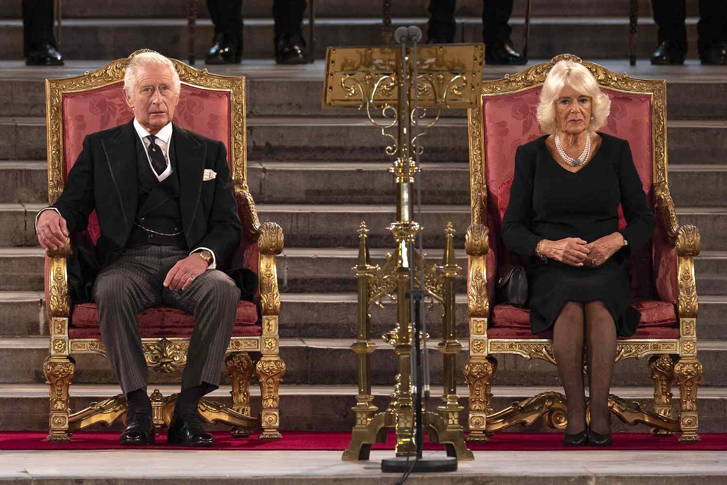 King Charles III and Camilla, Queen Consort take part in an address in Westminster Hall