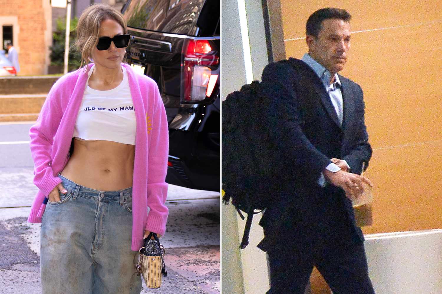 Jennifer Lopez steps out in NYC showing off her abs wearing a JLO be my mama crop top shirt. ; Ben Affleck is spotted headed to his office in Los Angeles. Ben was seeing wearing his wedding band amid reports of a pending divorce from Jennifer Lopez. 