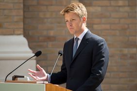 Hugh Grosvenor, the Duke of Westminster speaks during the official handover of the newly built Defence and National Rehabilitation Centre