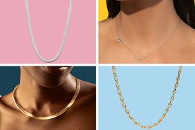 Collage of four necklaces, two on women and two on colorful backgrounds.