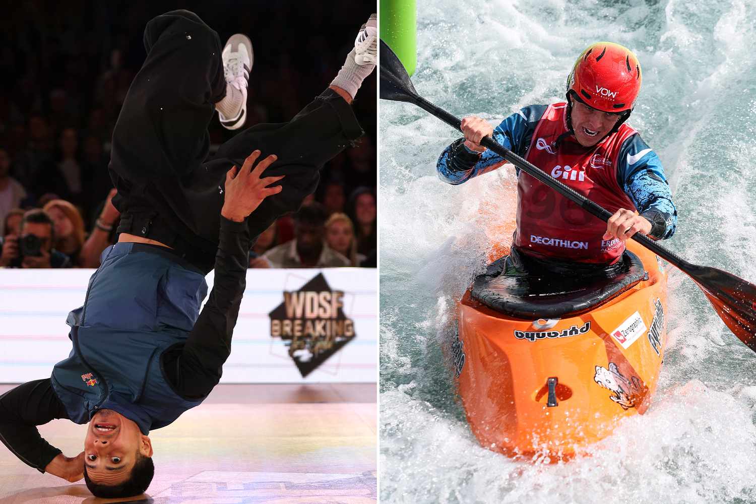 Victor Montalvo competes on his way too winning the gold medal in the WDSF World Breaking Championship 2023 Final on September 24, 2023. ; oe Clarke competes in the men's kayak cross guess race 2 during the Slalom & Kayak Cross Selection Series on April 1, 2024. 