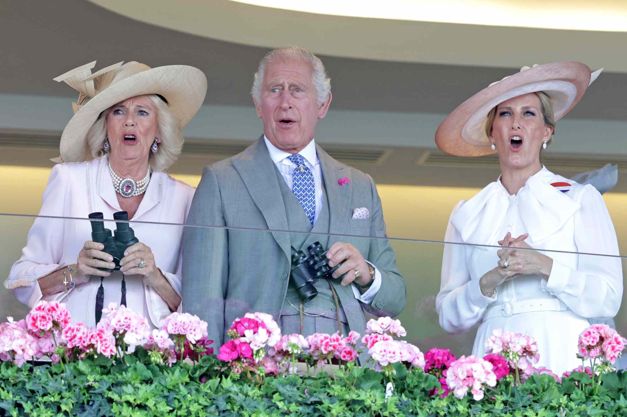 Queen Camilla, King Charles III and Sophie, Duchess of Edinburgh watch a race during day two of Royal Ascot 2023 at Ascot Racecourse on June 21, 2023 in Ascot, England.