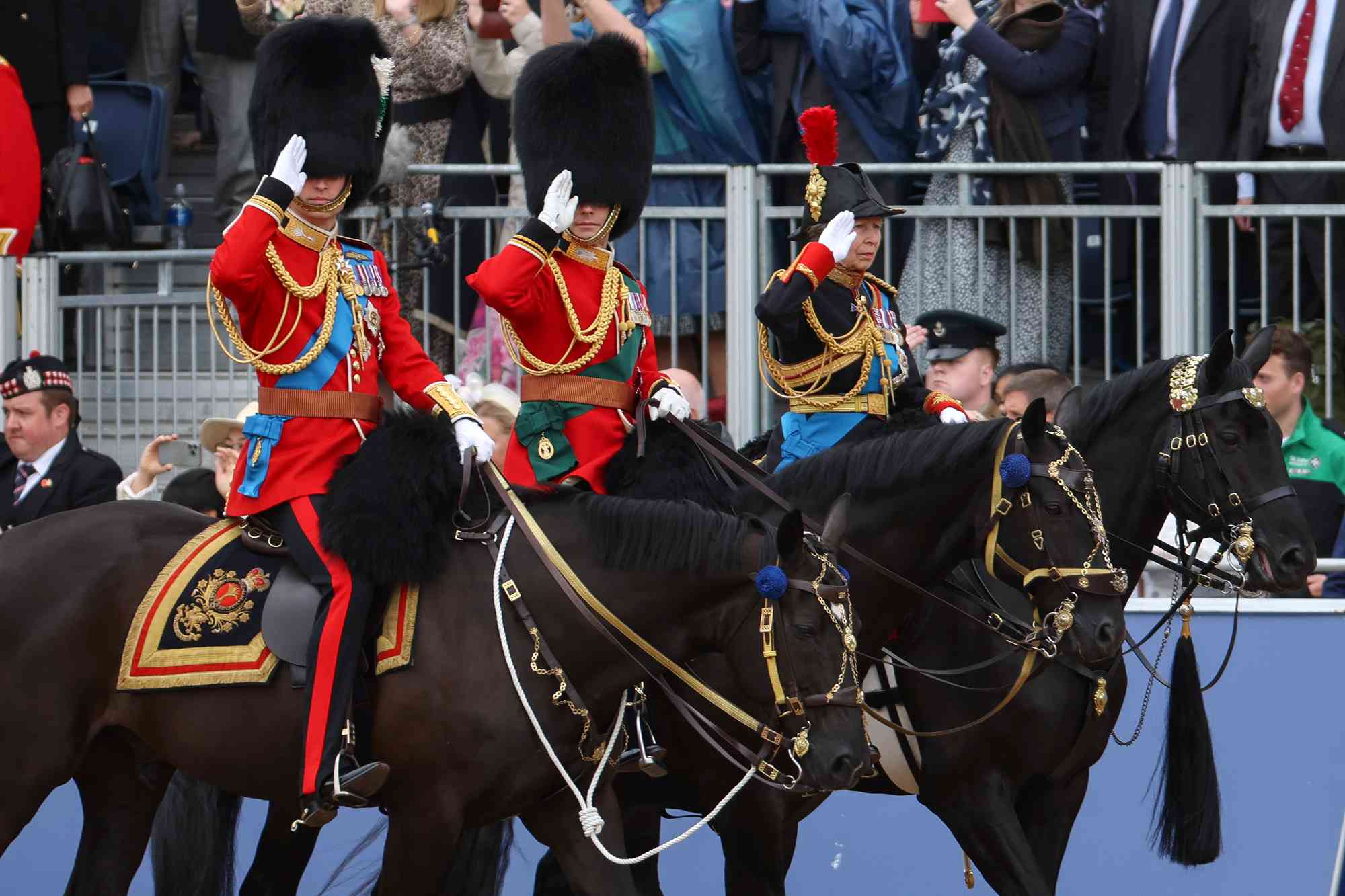 Prince William, Prince of Wales, Prince Edward, Duke of Edinburgh and Princess Anne the Princess Royal during Trooping the Colour on June 15, 2024 in London, England. 