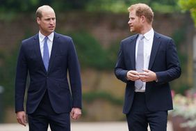 Prince William, Duke of Cambridge (left) and Prince Harry, Duke of Sussex arrive for the unveiling of a statue they commissioned of their mother Diana, Princess of Wales, in the Sunken Garden at Kensington Palace