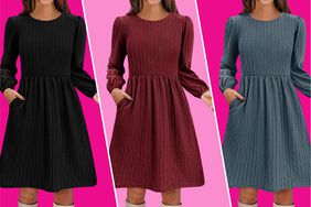 Zeagoo Casual Knit Sweater Dress in three different colors over pink backgrounds