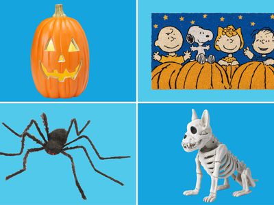 Collage of four outdoor Halloween decor items we recommend on a blue background