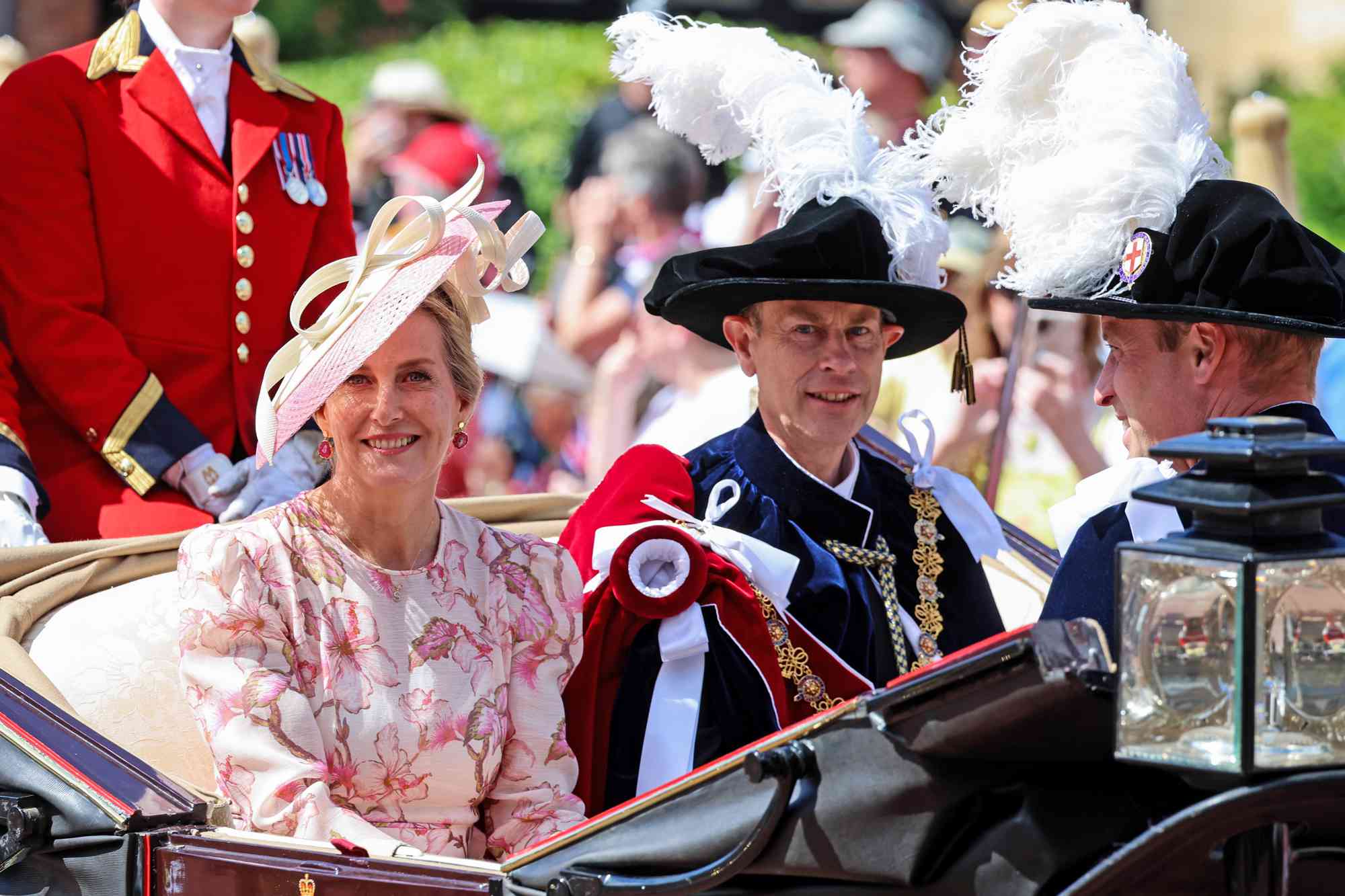 Sophie, Duchess of Edinburgh, Prince Edward, Duke of Edinburgh and Prince William, Prince of Wales depart the Order Of The Garter Service at Windsor Castle on June 17, 2024 in Windsor, England. The Order of the Garter, Britain's oldest chivalric order established by Edward III, includes The King, Queen, Royal Family members, and up to 24 companions honoured for their public service. 