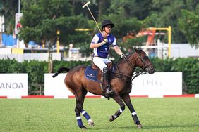 Prince Harry, The Duke of Sussex, Co-Founding Patron of Sentebale plays polo during the Sentebale ISPS Handa Polo Cup on August 12, 2023 in Singapore.