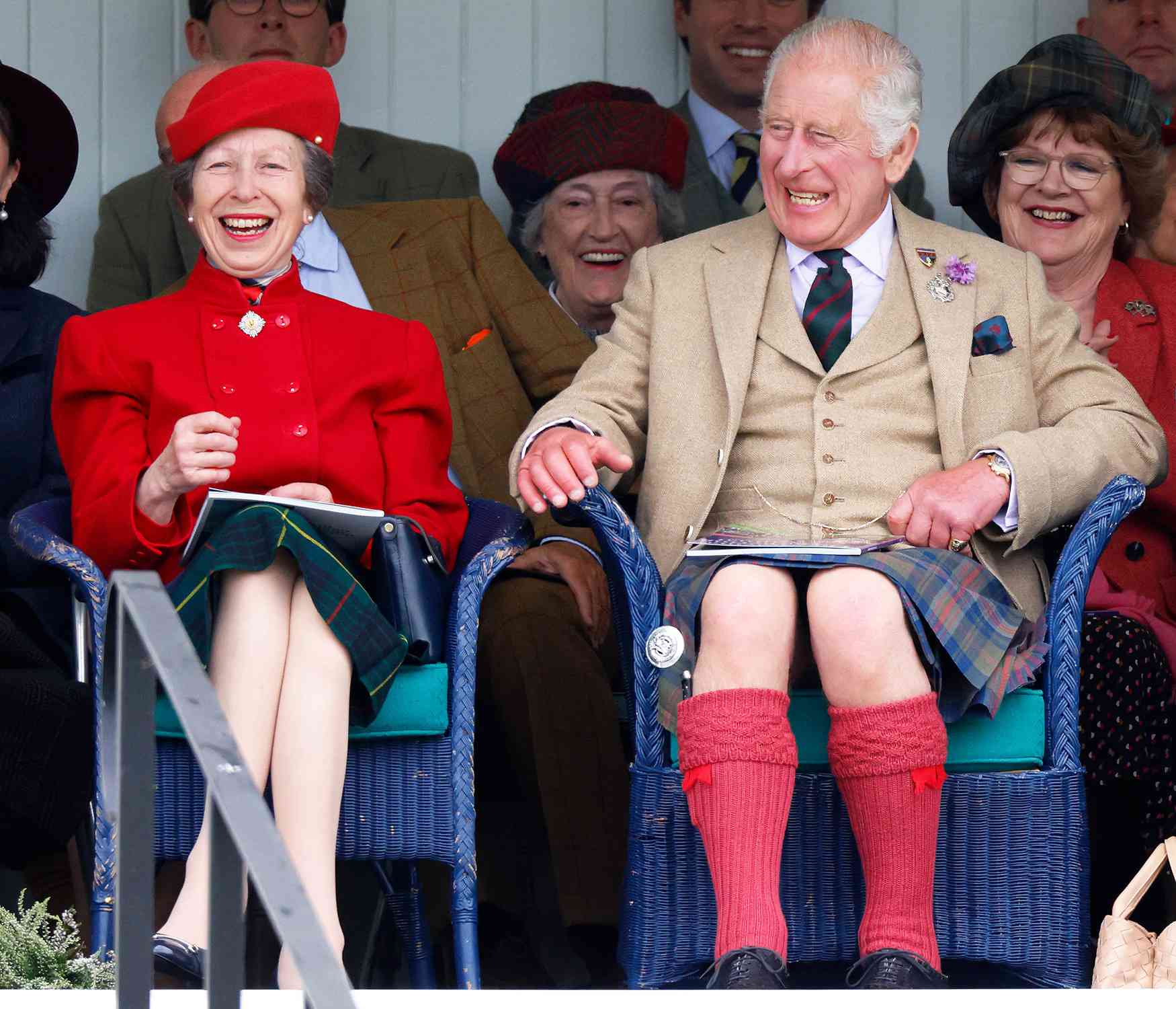 Princess Anne, Princess Royal and King Charles III (wearing, for the first time, a kilt made from the new King Charles III tartan) attend The Braemar Gathering 2023 at The Princess Royal and Duke of Fife Memorial Park on September 2, 2023 in Braemar, Scotland.