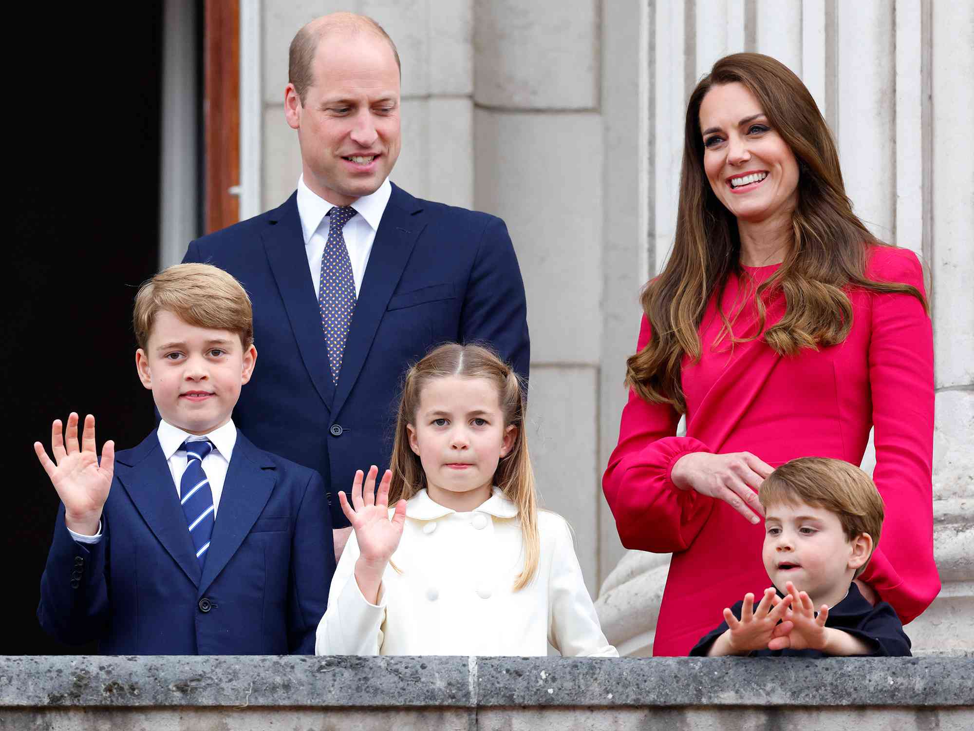 Prince George, Prince William, Princess Charlotte, Prince Louis, and Catherine, Duchess of Cambridge on the balcony of Buckingham Palace following the Platinum Pageant in 2022.