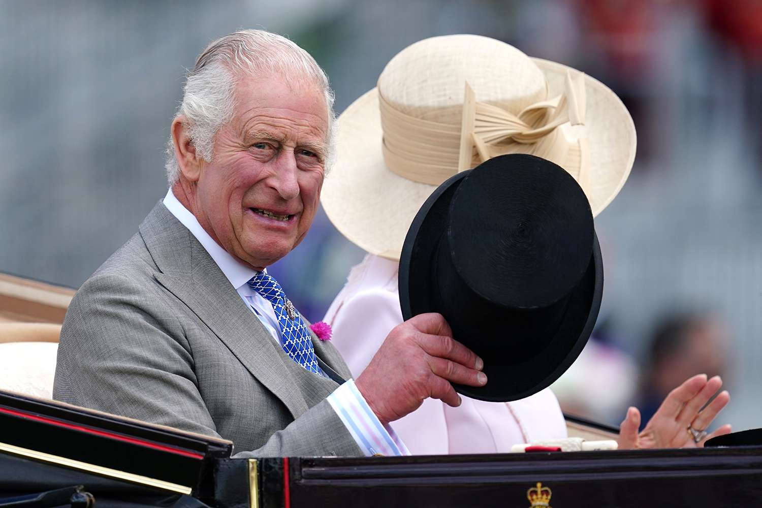 King Charles III arrives by carriage during day two of Royal Ascot