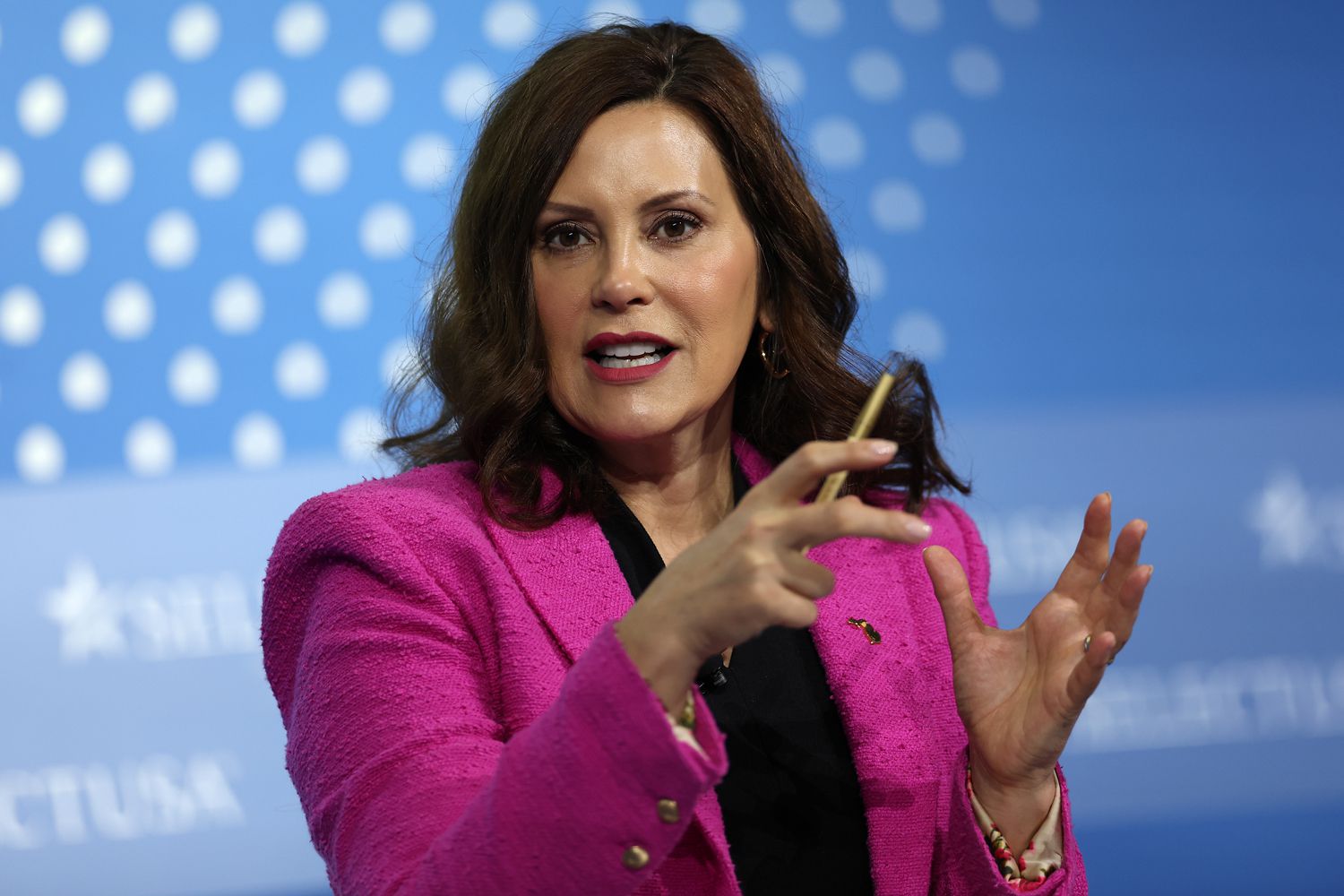  U.S. Gov. Gretchen Whitmer (D-MI) delivers remarks at the SelectUSA Investment Summit on May 04, 2023 in National Harbor, Maryland.