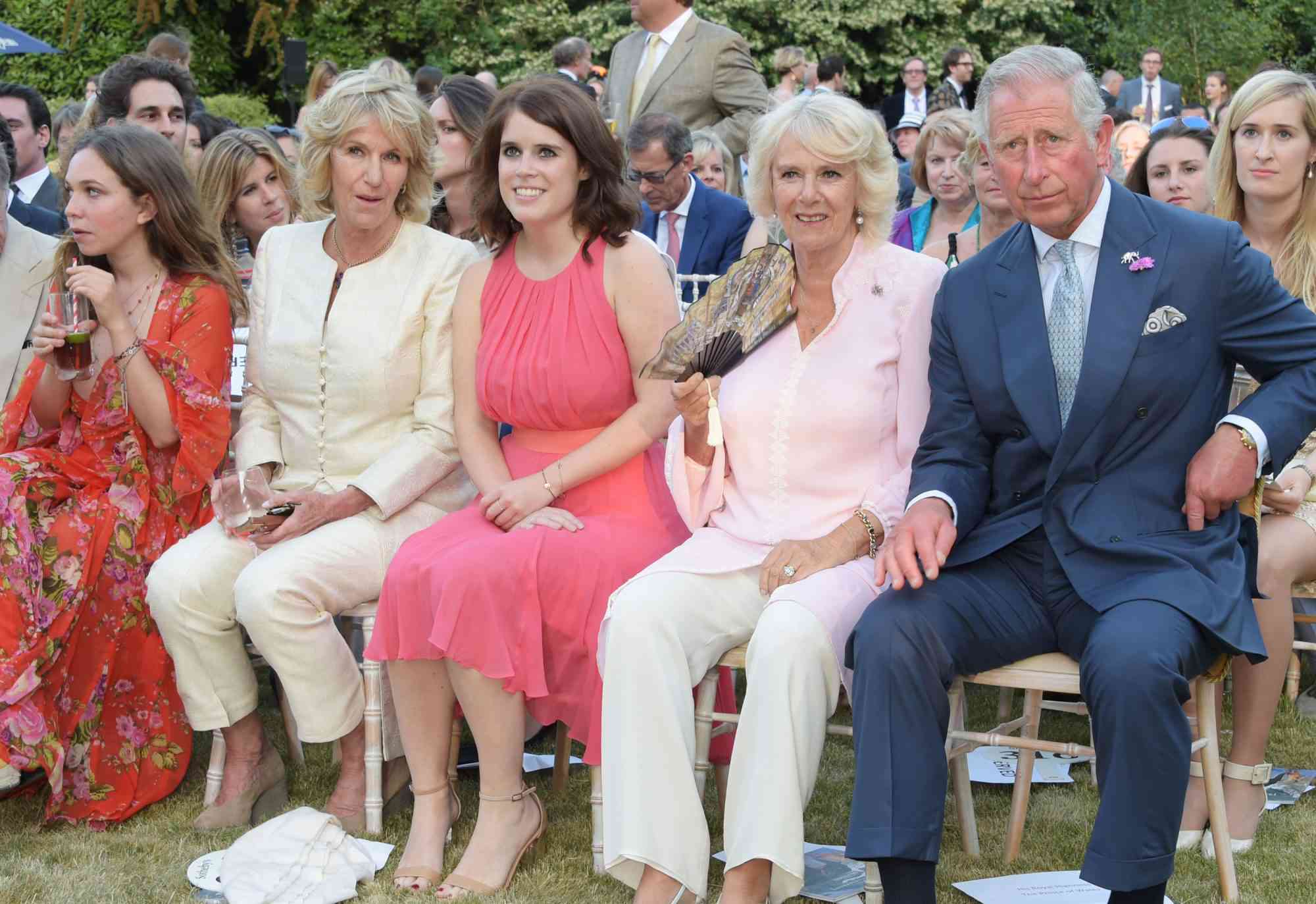 LONDON, ENGLAND - JUNE 30: (L to R) Ayesha Shand, Annabel Elliot, Princess Eugenie of York, Camilla, Duchess of Cornwall, and Prince Charles, Prince of Wales, attend the Quintessentially Foundation and Elephant Family's Royal Rickshaw Auction presented by Selfridges at Lancaster House on June 30, 2015 in London, England. (Photo by David M. Benett/Dave Benett/Getty Images)