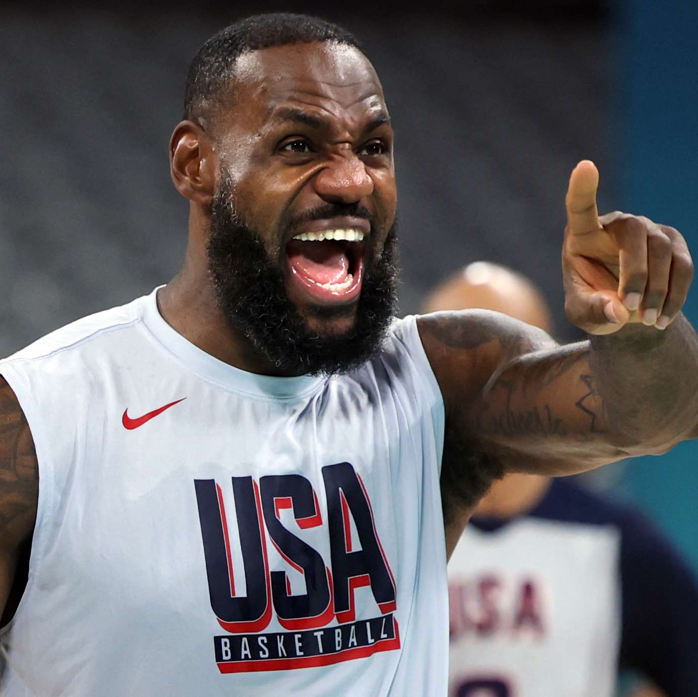 LeBron James (C) gestures during a training session at the Pierre-Mauroy stadium in Villeneuve-d'Ascq, northern France, on July 24, 