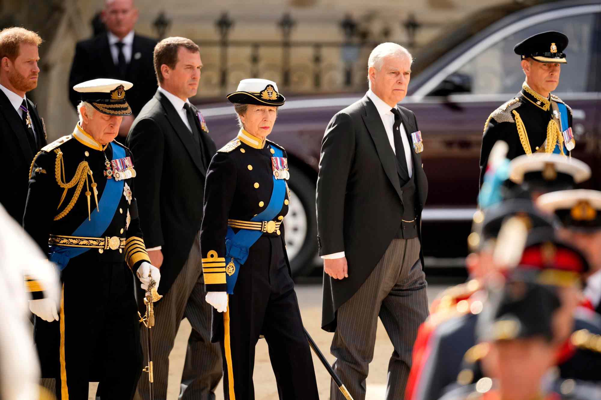 LONDON, ENGLAND - SEPTEMBER 19: Prince Harry, Duke of Sussex, King Charles III, Peter Phillips, Anne, Princess Royal, Prince Andrew, Duke of York and Prince Edward, Earl of Wessex depart Westminster Abbey after the funeral service of Queen Elizabeth II on September 19, 2022 in London, England. Elizabeth Alexandra Mary Windsor was born in Bruton Street, Mayfair, London on 21 April 1926. She married Prince Philip in 1947 and ascended the throne of the United Kingdom and Commonwealth on 6 February 1952 after the death of her Father, King George VI. Queen Elizabeth II died at Balmoral Castle in Scotland on September 8, 2022, and is succeeded by her eldest son, King Charles III. (Photo by Christopher Furlong/Getty Images)
