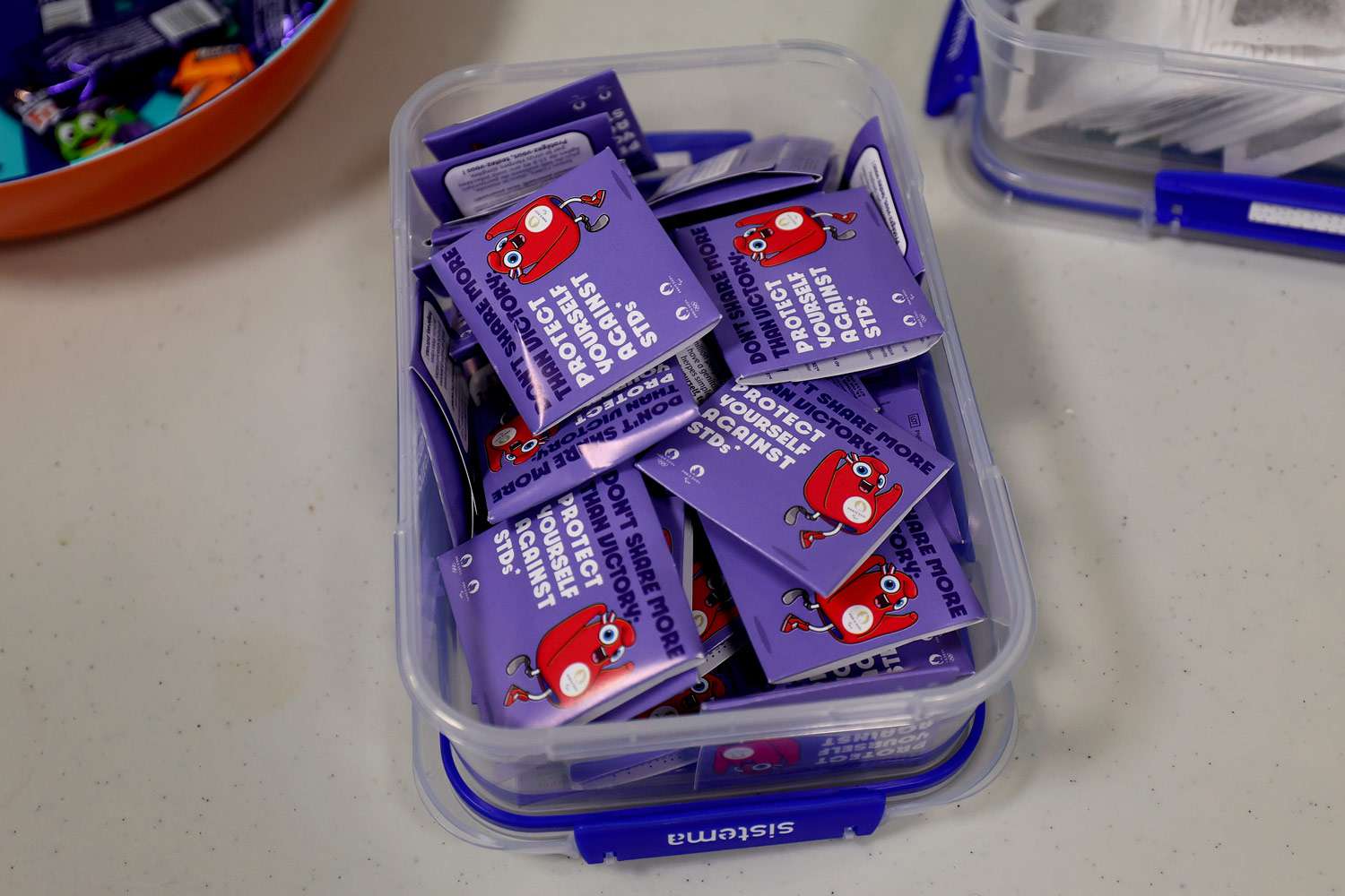 Condoms are seen inside the Athletes' Village ahead of the Paris Olympic Games on July 23, 2024