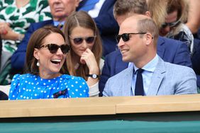 LONDON, ENGLAND - JULY 05: Prince William, Duke of Cambridge and Catherine, Duchess of Cambridge laughs and smiles with the Royal Box on Centre Court during day nine of The Championships Wimbledon 2022 at All England Lawn Tennis and Croquet Club on July 5, 2022 in London, England. (Photo by Simon Stacpoole/Offside/Offside via Getty Images)