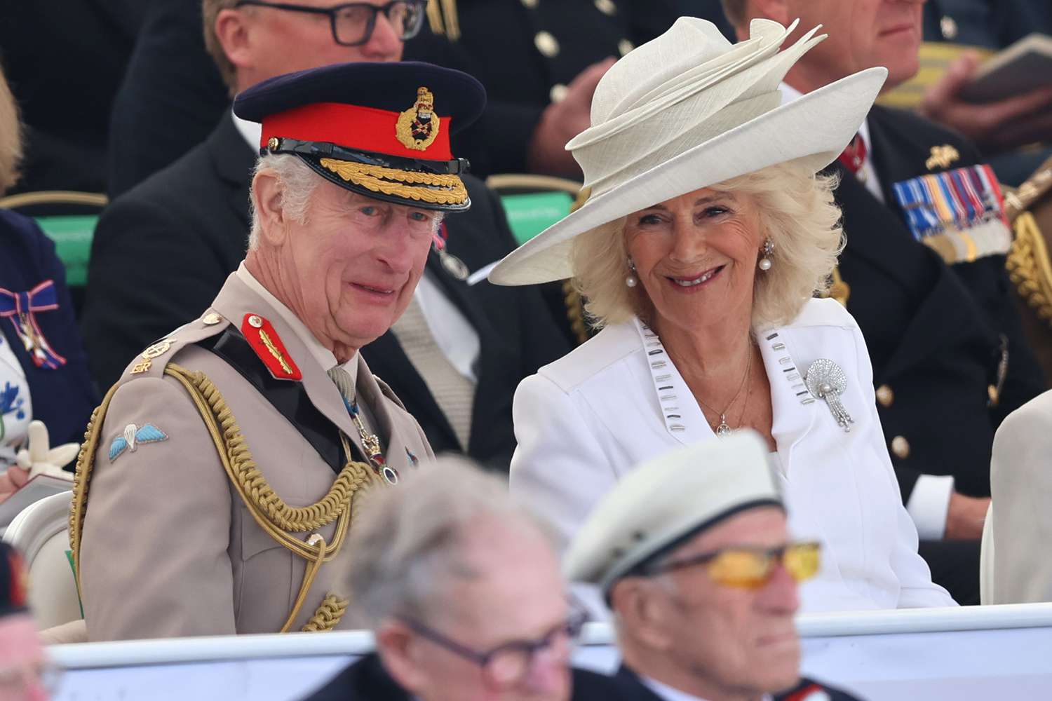 King Charles III and Queen Camilla attend the UK Ministry of Defence and the Royal British Legion's commemorative event at the British Normandy Memorial to mark the 80th anniversary of D-Day on June 06, 2024 in Ver-Sur-Mer, France