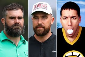 Jason Kelce looks on at the 18th hole on day three of the 2024 American Century Championship ; NFL football player Travis Kelce prepares to gift a golf ball at the 18th hole on day three of the 2024 American Century Championship; 'Happy Gilmore', Adam Sandler 