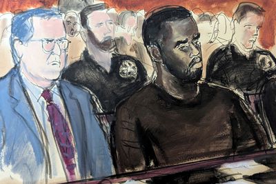 In this courtroom sketch, Sean Combs, center, is flanked by his defense attorney Marc Agnifilo, left, and Teny Garagos, in Manhattan Federal Court, Tuesday, Sept. 17, 2024, in New York