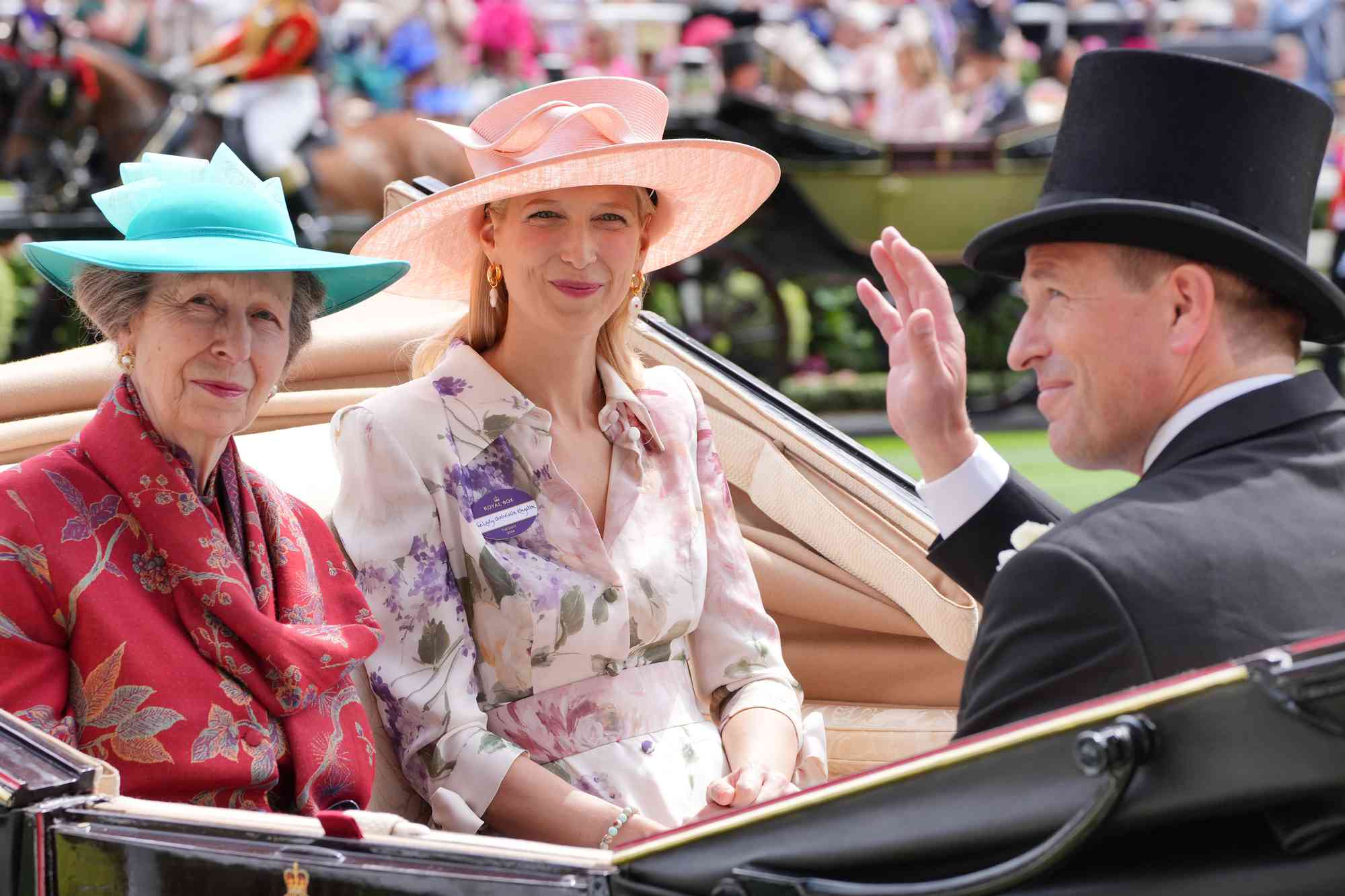 The Princess Royal, Lady Gabriella Kingston and Peter Phillips arrive on day one of Royal Ascot at Ascot Racecourse, Berkshire. Picture date: Tuesday June 18, 2024. 