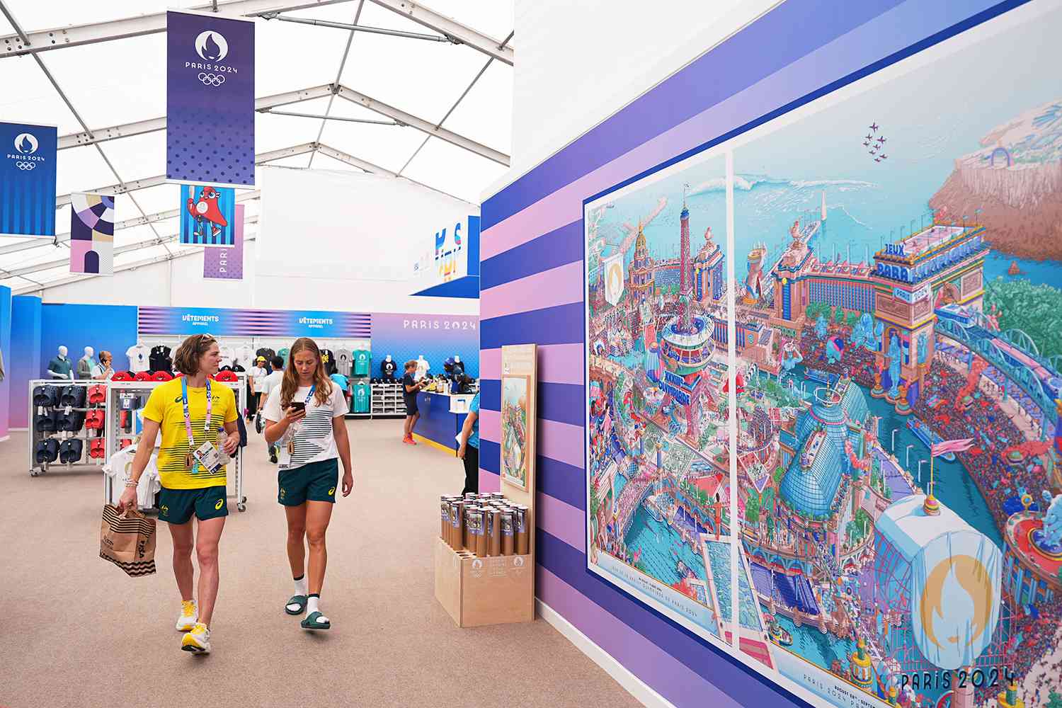 Athletes shop at a souvenir store inside the Olympic Village on July 21, 2024 in Paris, France.