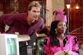 The movie "Ghost", directed by Jerry Zucker and written by Bruce Joel Rubin. Seen here, (from left) Patrick Swayze as Sam Wheat in ghost form, Whoopi Goldberg as Oda Mae Brown (playing as 'Rita Miller') facing Bruce Jarchow as Lyle Furgeson at the bank.