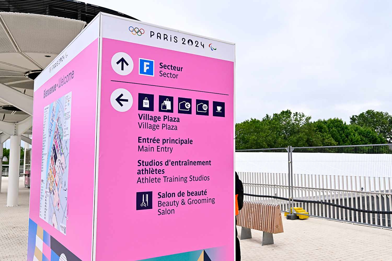 A view of in formations panels during the media visit of Paris 2024 Olympic and Paralympic village on July 02, 2024 in Paris, France.