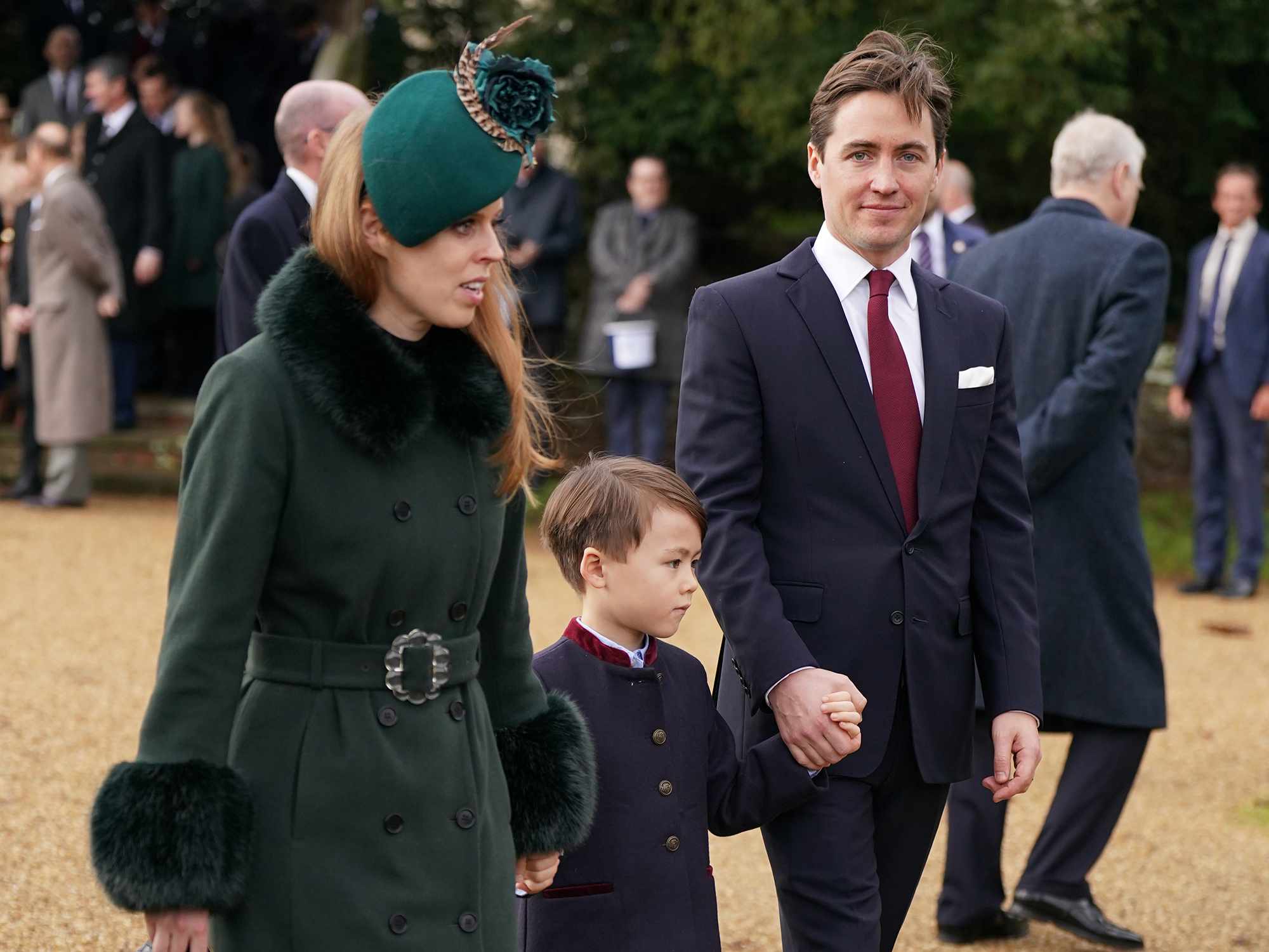 Princess Beatrice, Edoardo Mapelli Mozzi and his son Christopher Woolf attending the Christmas Day morning church service at St Mary Magdalene Church in Sandringham, Norfolk