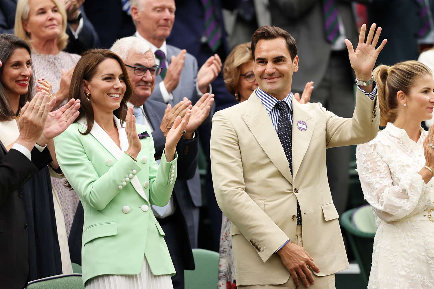 Catherine, Princess of Wales, former Wimbledon Champion, Roger Federer of Switzerland and his wife Mirka Federer interact in the Royal Box prior to the Women's Singles first round match between Shelby Rogers of United States and Elena Rybakina of Kazakhstan during day two of The Championships Wimbledon 2023 