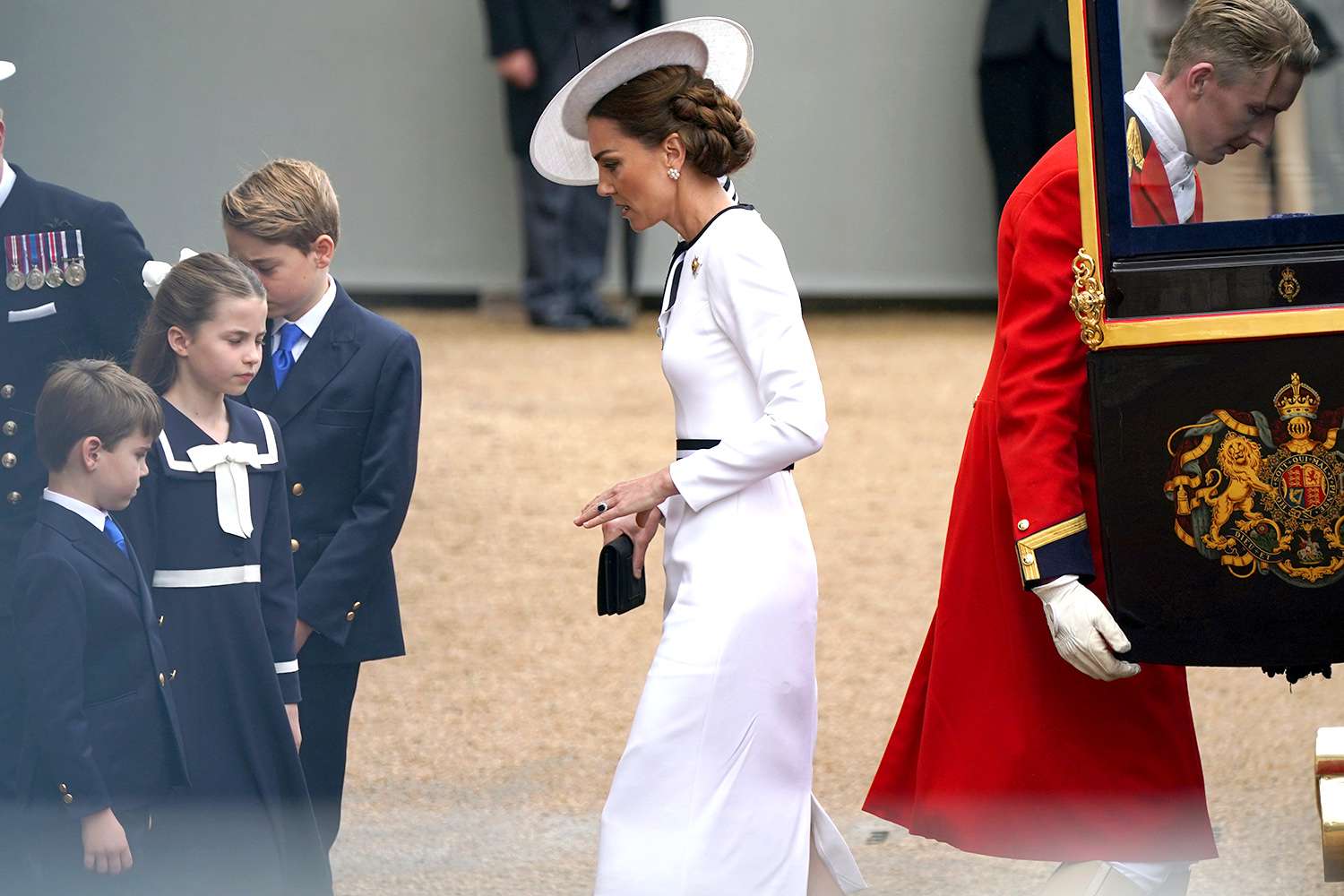 The Princess of Wales, Prince George, Princess Charlotte and Prince Louis arrive for the Trooping the Colour ceremony at Horse Guards Parade