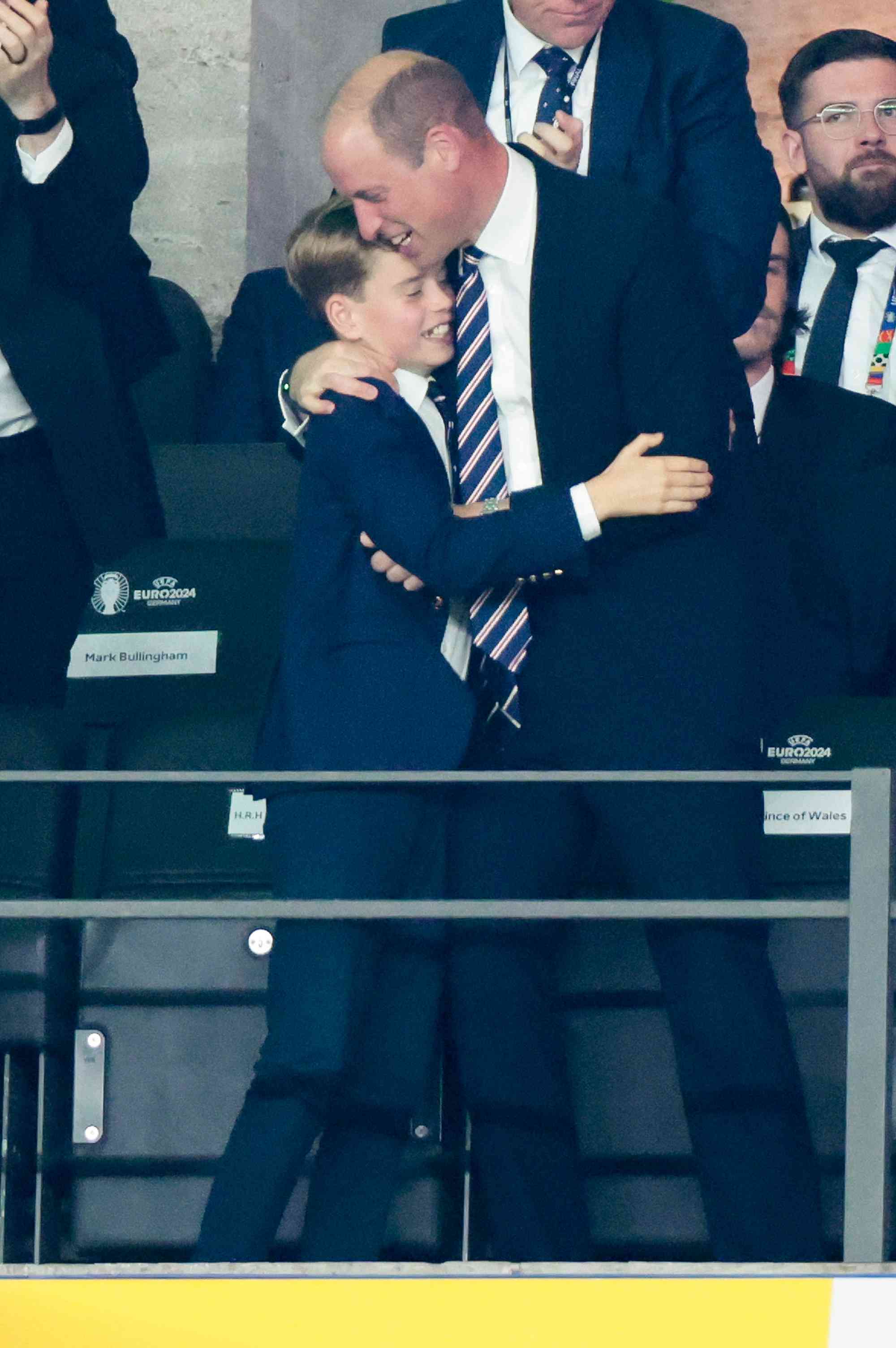 Prince George of Wales and Prince William, Prince of Wales celebrate the goal for England during the UEFA EURO 2024 final match between Spain and England at Olympiastadion on July 14, 2024 in Berlin, Germany.