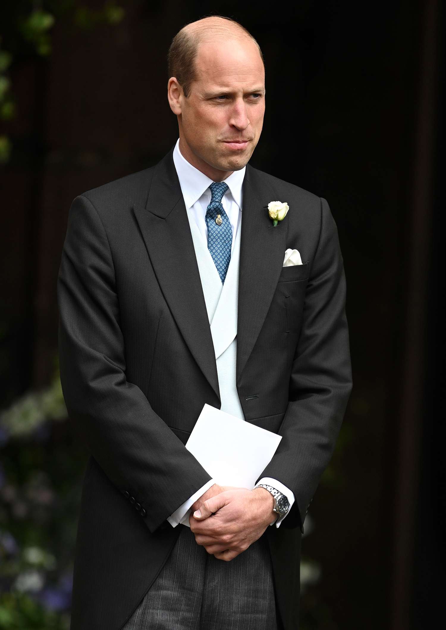 Prince William, Prince of Wales departs the wedding of The Duke of Westminster and Olivia Grosvenor, Duchess of Westminster at Chester Cathedral