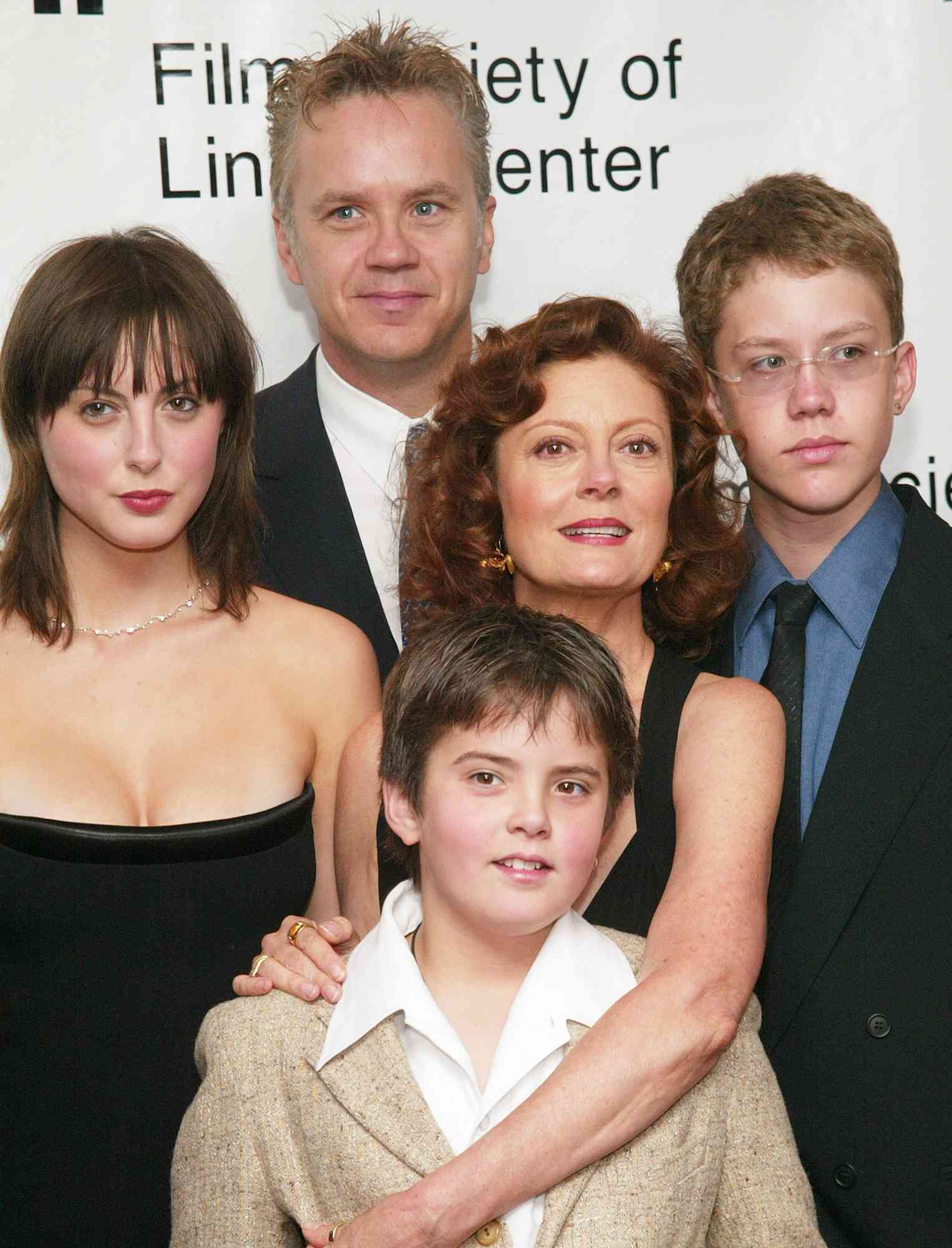 Susan Sarandon and her daughter Eva Amurri (L), sons Miles (C) and Jack (R) and partner Tim Robbins stand backstage at The Film Society of Lincoln Center's Tribute to Susan Sarandon at Aver