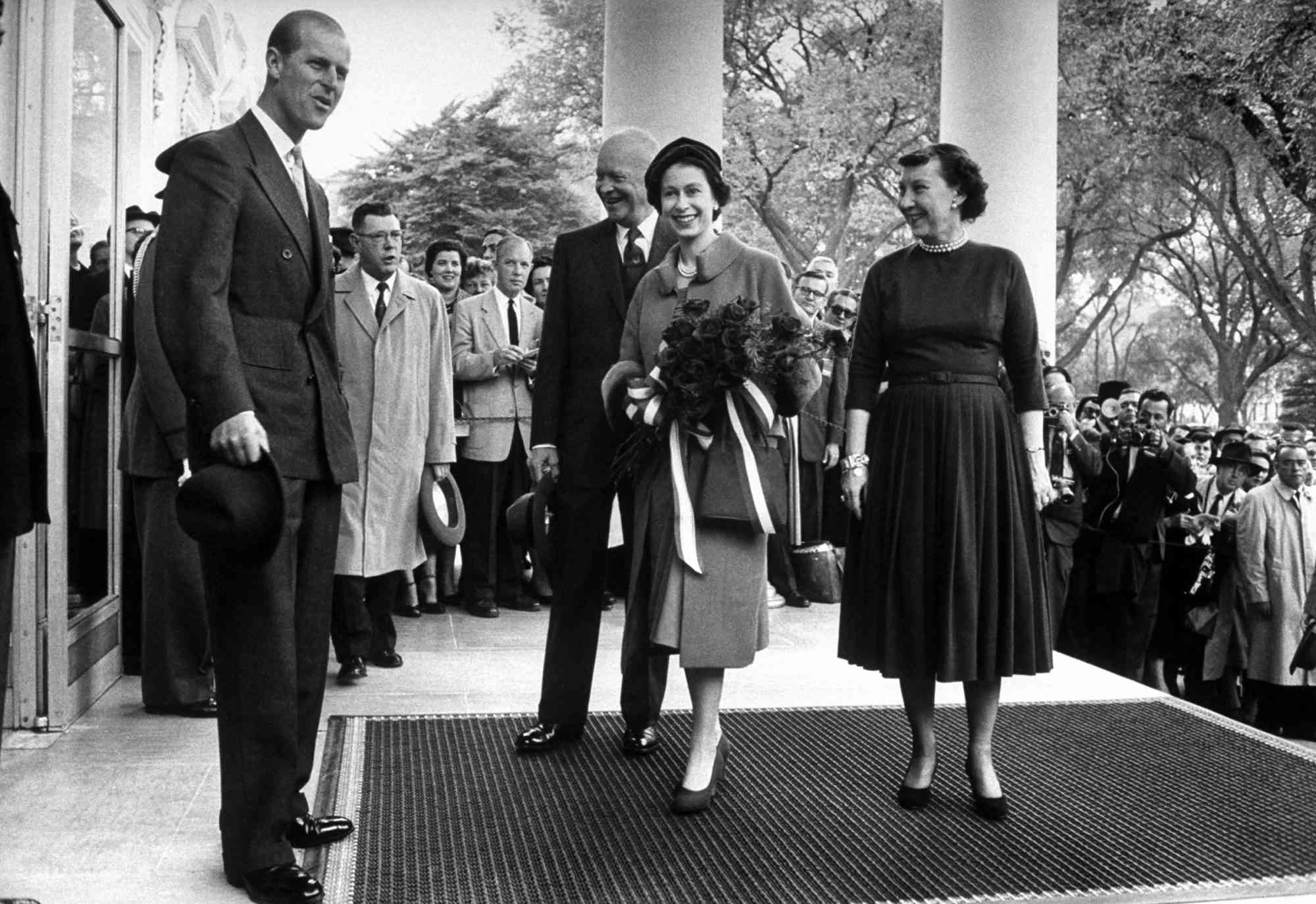 Queen Elizabeth and Prince Philip arriving at the White House and greet President Eisenhower, Washington, District of Columbia, 1957