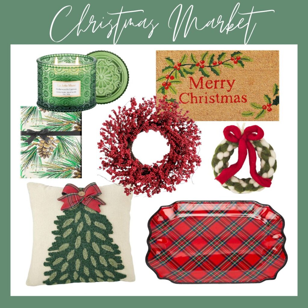 A collage of Christmas-themed items: a green patterned candle, pine gift boxes, and a "Merry Christmas" doormat. Red berry wreaths, a tree pillow, and a plaid serving tray inspire how to get ready for Christmas in advance. The text reads "Christmas Market" at the top.